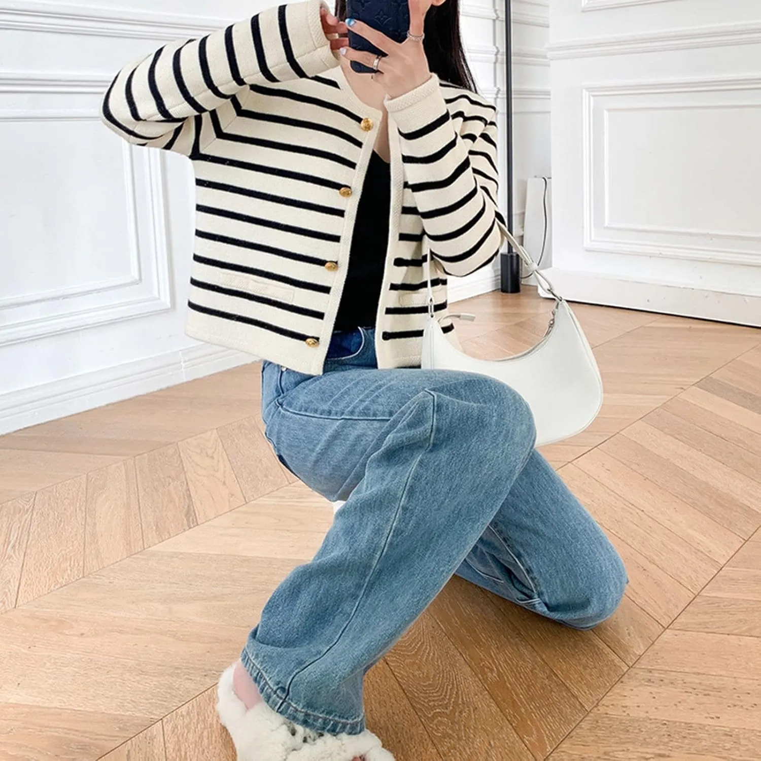 2023 Women's Long Sleeve Striped Sweater Button Cardigan Knitted Open Coat Outwear with Pockets