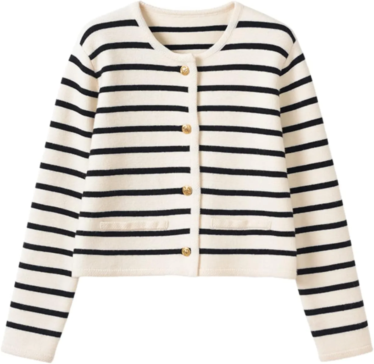 2023 Women's Long Sleeve Striped Sweater Button Cardigan Knitted Open Coat Outwear with Pockets