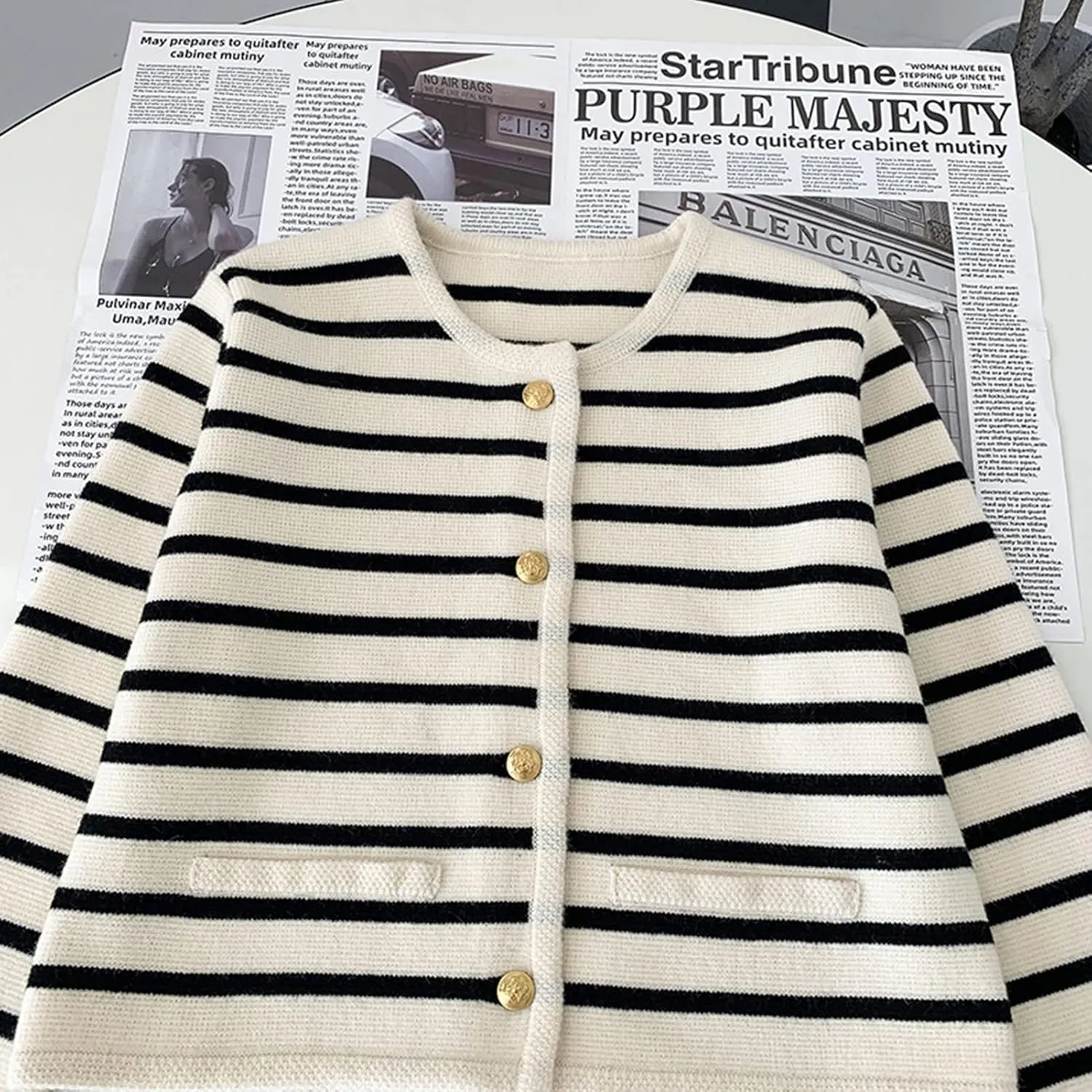 2023 Women's Long Sleeve Striped Sweater Button Cardigan Knitted Open Coat Outwear with Pockets