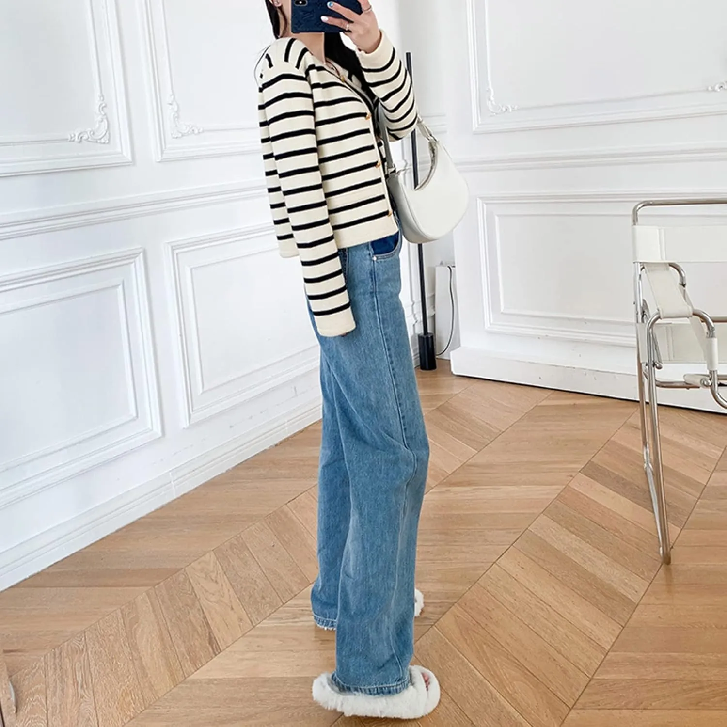2023 Women's Long Sleeve Striped Sweater Button Cardigan Knitted Open Coat Outwear with Pockets
