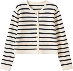 2023 Women's Long Sleeve Striped Sweater Button Cardigan Knitted Open Coat Outwear with Pockets