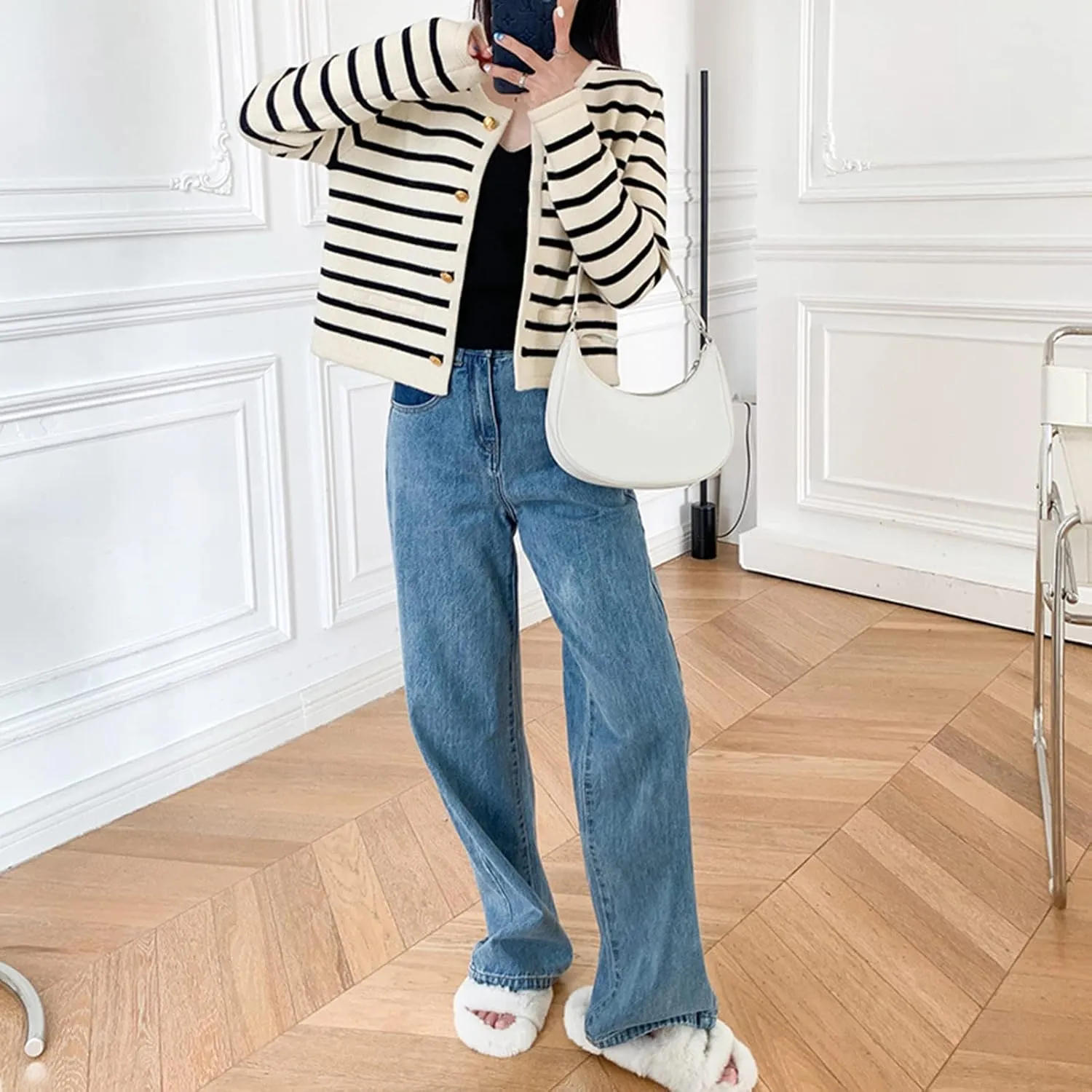 2023 Women's Long Sleeve Striped Sweater Button Cardigan Knitted Open Coat Outwear with Pockets