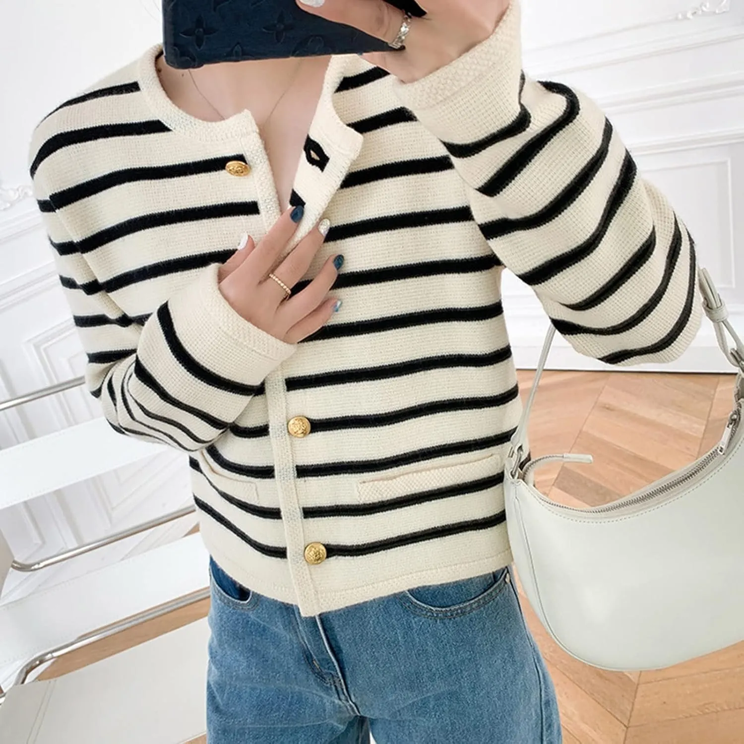 2023 Women's Long Sleeve Striped Sweater Button Cardigan Knitted Open Coat Outwear with Pockets