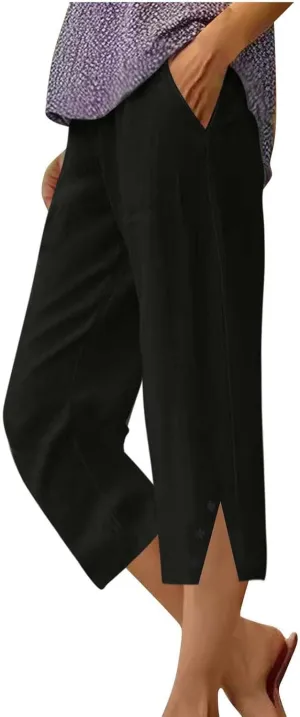 2025 Capri Pants for Women Casual Summer Drawstring Elastic High Waist Linen Pant Straight Leg Cropped Trouser