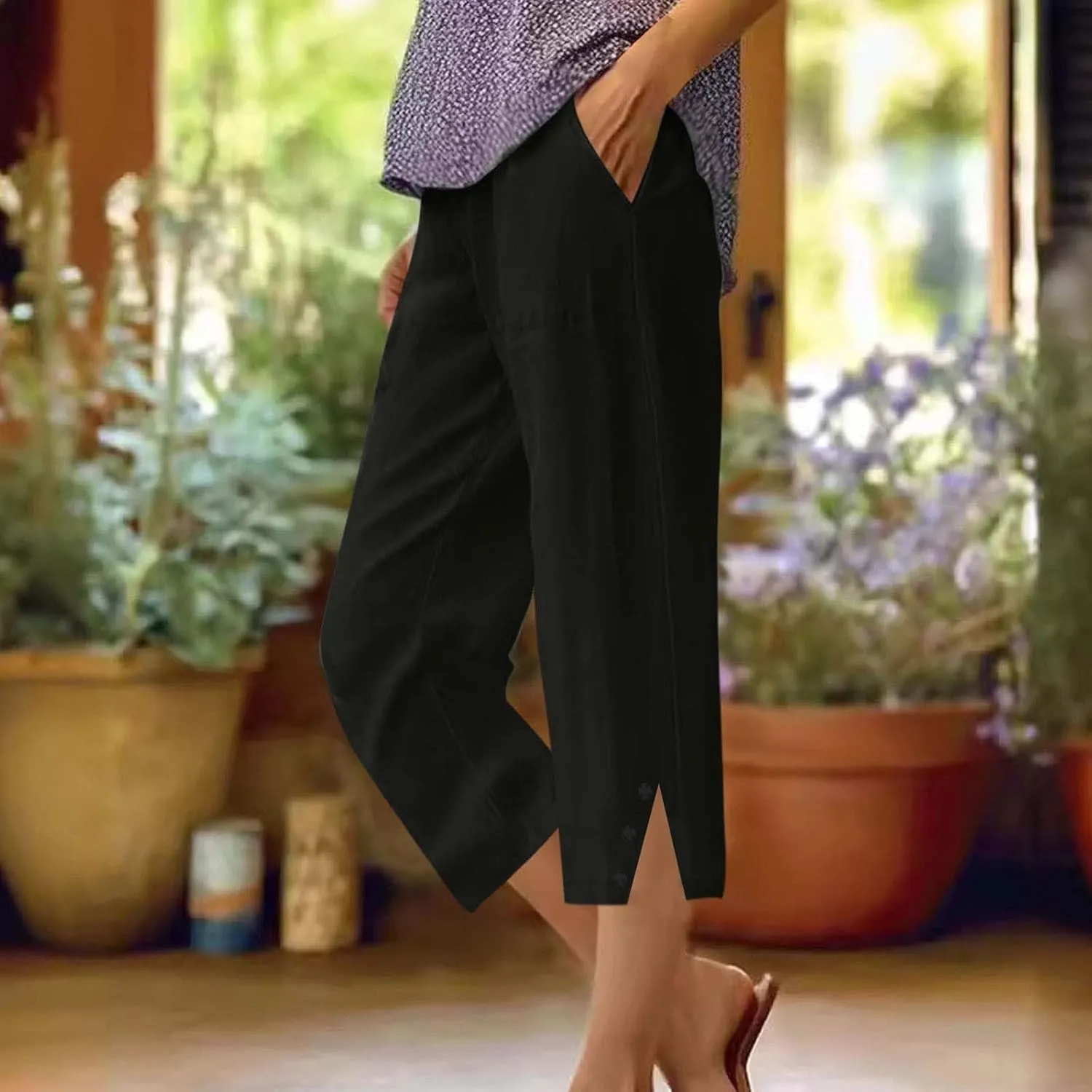 2025 Capri Pants for Women Casual Summer Drawstring Elastic High Waist Linen Pant Straight Leg Cropped Trouser