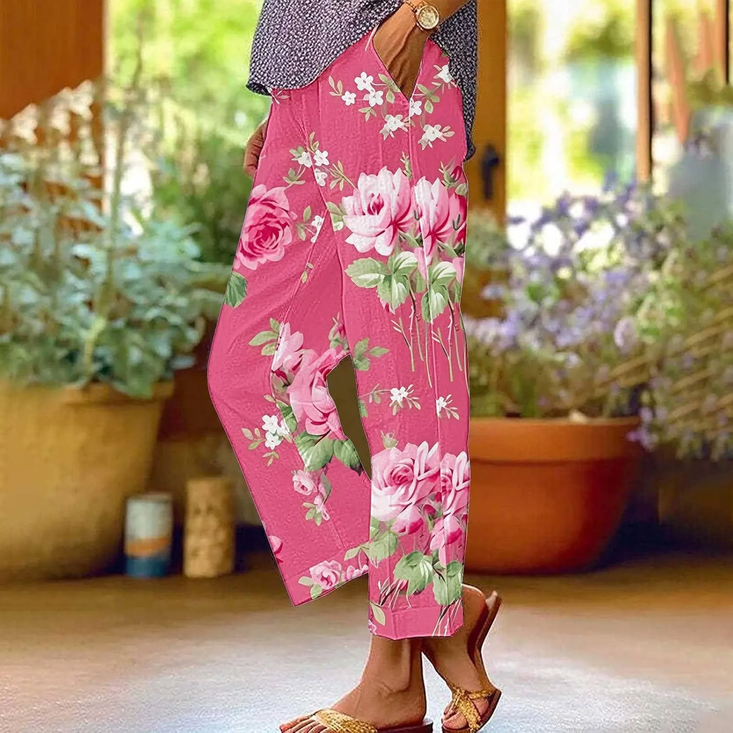 2025 Cotton Linen Pants for Women Summer Elastic Waist Cute Floral Print Straight Leg Slack Trousers with Pockets