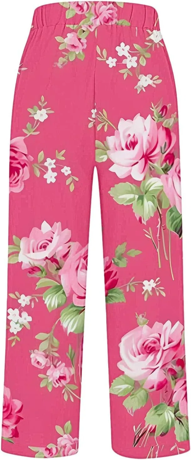 2025 Cotton Linen Pants for Women Summer Elastic Waist Cute Floral Print Straight Leg Slack Trousers with Pockets