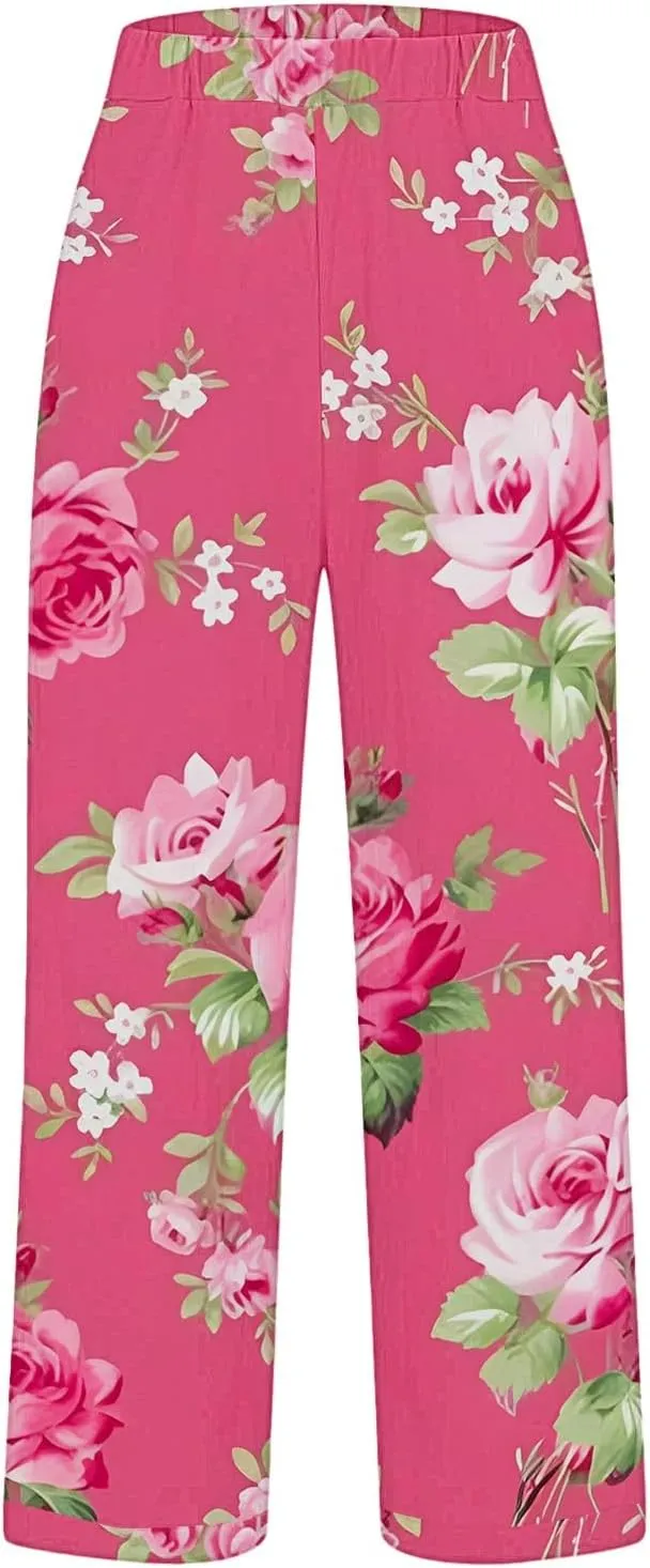 2025 Cotton Linen Pants for Women Summer Elastic Waist Cute Floral Print Straight Leg Slack Trousers with Pockets