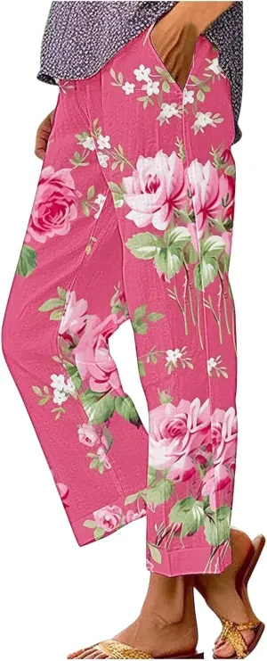 2025 Cotton Linen Pants for Women Summer Elastic Waist Cute Floral Print Straight Leg Slack Trousers with Pockets
