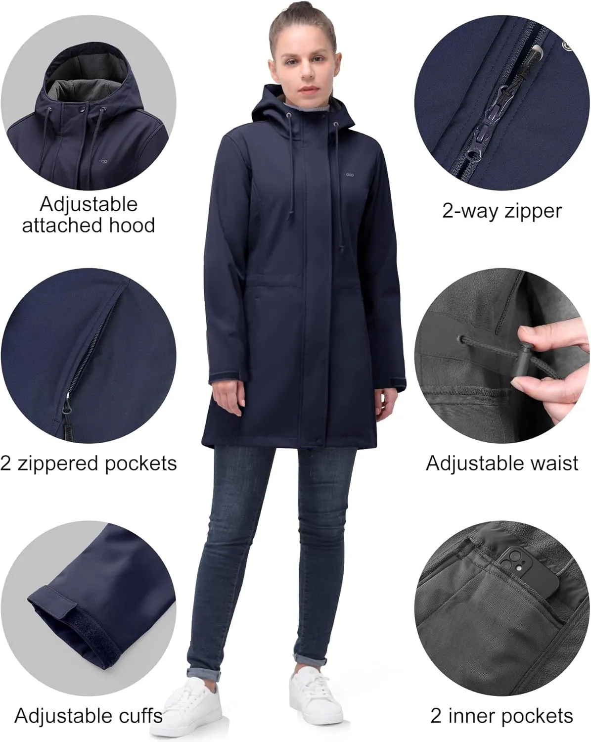 33,000ft Women's Softshell Long Jacket with Hood Fleece Lined Windproof Warm up Waterproof Windbreaker