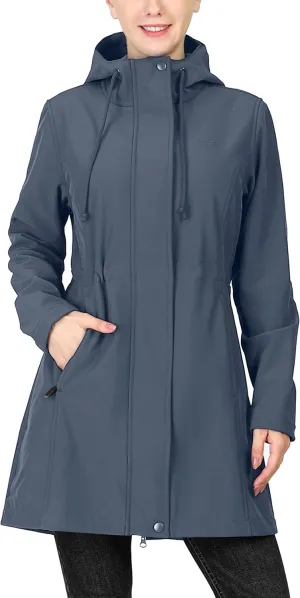 33,000ft Women's Softshell Long Jacket with Hood Fleece Lined Windproof Warm up Waterproof Windbreaker