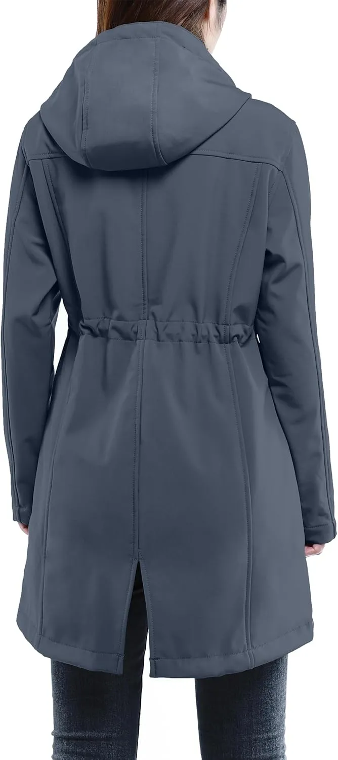 33,000ft Women's Softshell Long Jacket with Hood Fleece Lined Windproof Warm up Waterproof Windbreaker