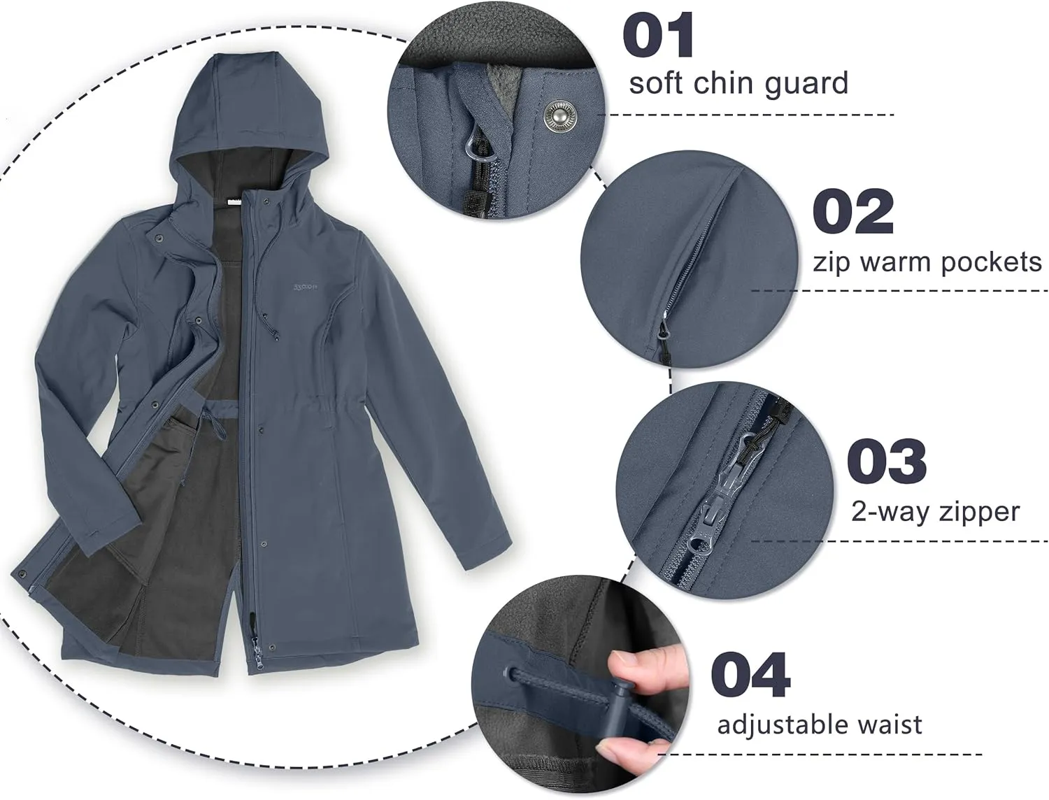 33,000ft Women's Softshell Long Jacket with Hood Fleece Lined Windproof Warm up Waterproof Windbreaker