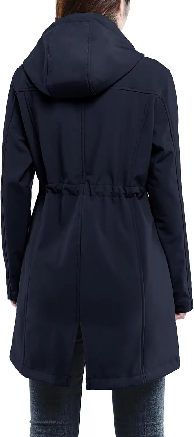 33,000ft Women's Softshell Long Jacket with Hood Fleece Lined Windproof Warm up Waterproof Windbreaker