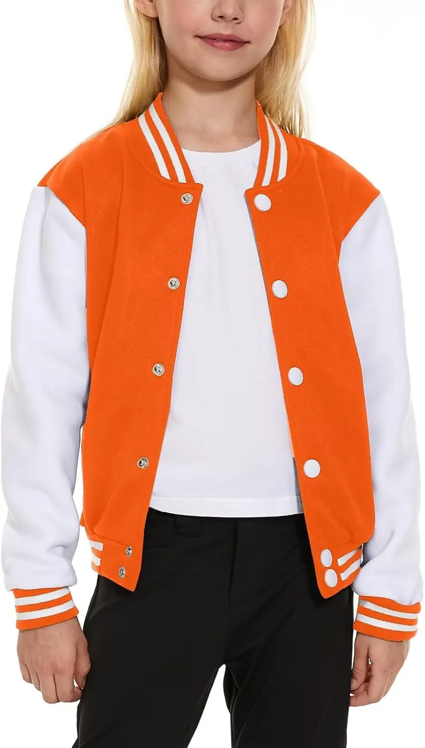 ACEFAST INC Kids Baseball Jacket School Varsity Uniform Casual Sweatshirt Girls Sweater Jacket Baseball Solid Color