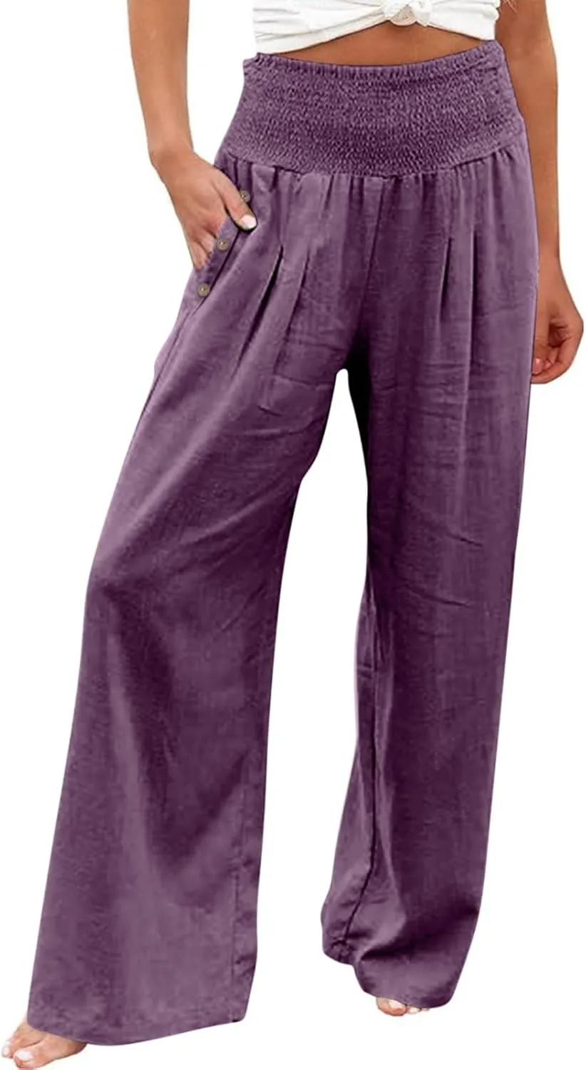 ADHOWBEW Linen Pants for Women Summer 2025 Elastic Waist Plus Size Work Lounge Casual Palazzo Flowy Trousers Dressy Trendy