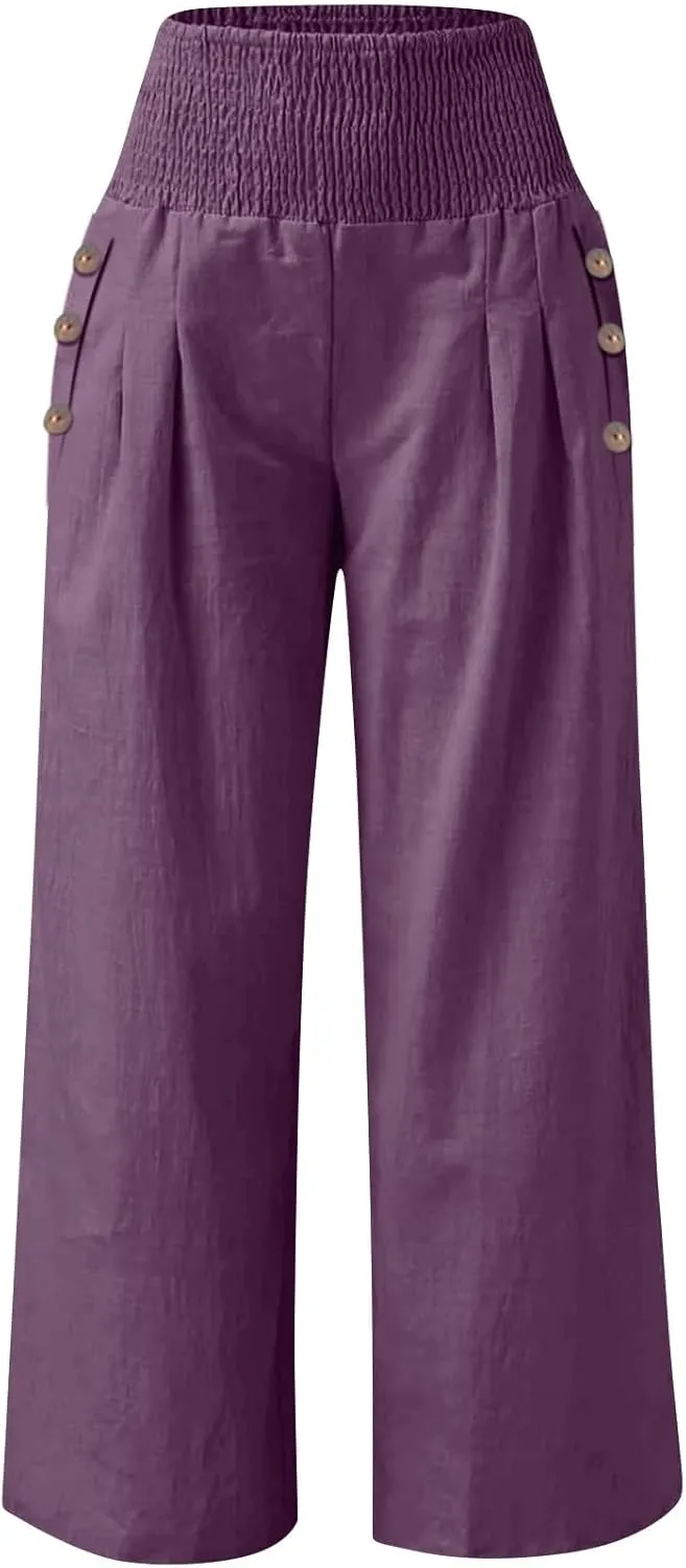 ADHOWBEW Linen Pants for Women Summer 2025 Elastic Waist Plus Size Work Lounge Casual Palazzo Flowy Trousers Dressy Trendy