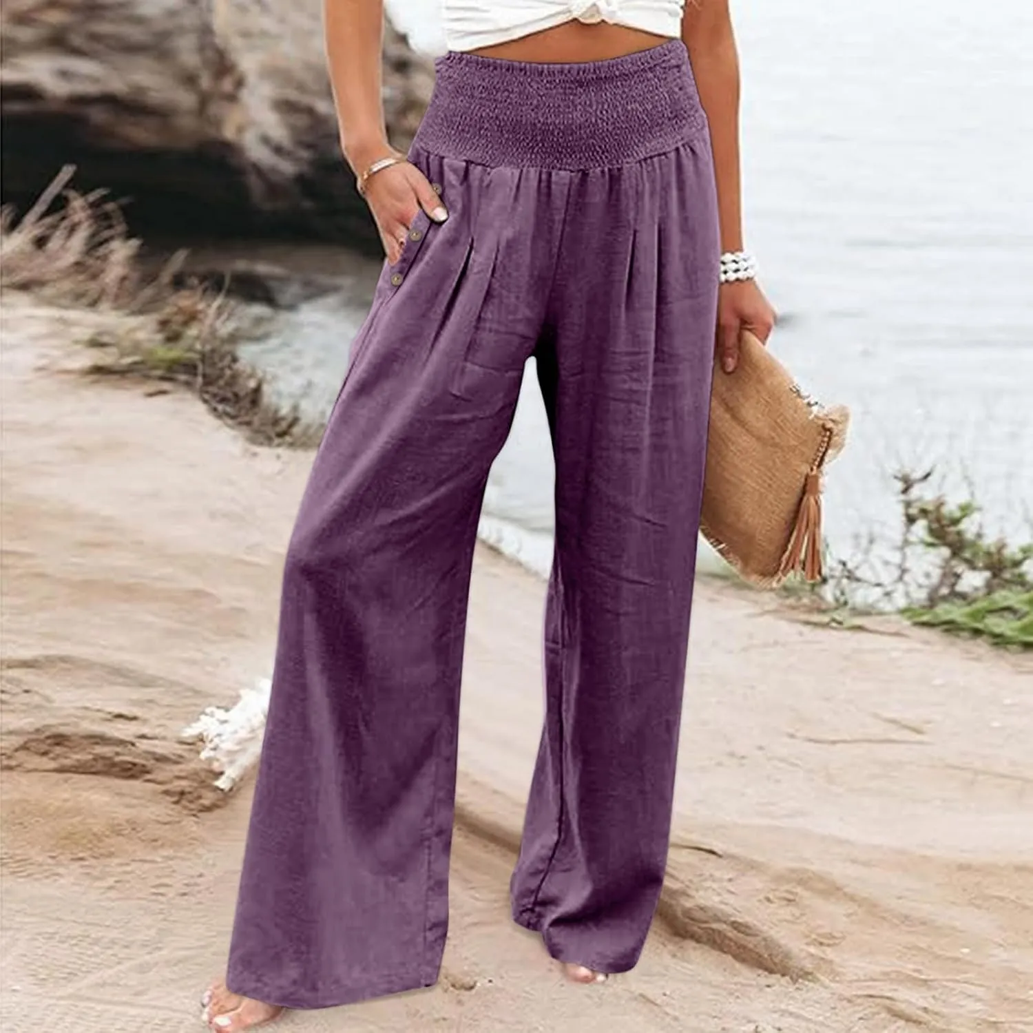 ADHOWBEW Linen Pants for Women Summer 2025 Elastic Waist Plus Size Work Lounge Casual Palazzo Flowy Trousers Dressy Trendy