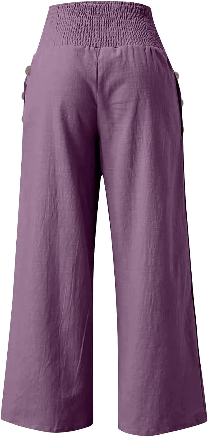 ADHOWBEW Linen Pants for Women Summer 2025 Elastic Waist Plus Size Work Lounge Casual Palazzo Flowy Trousers Dressy Trendy