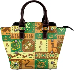 African Pattern Women Leather Handbag Rivet Shoulder Bag Top Handle Satchel Purse