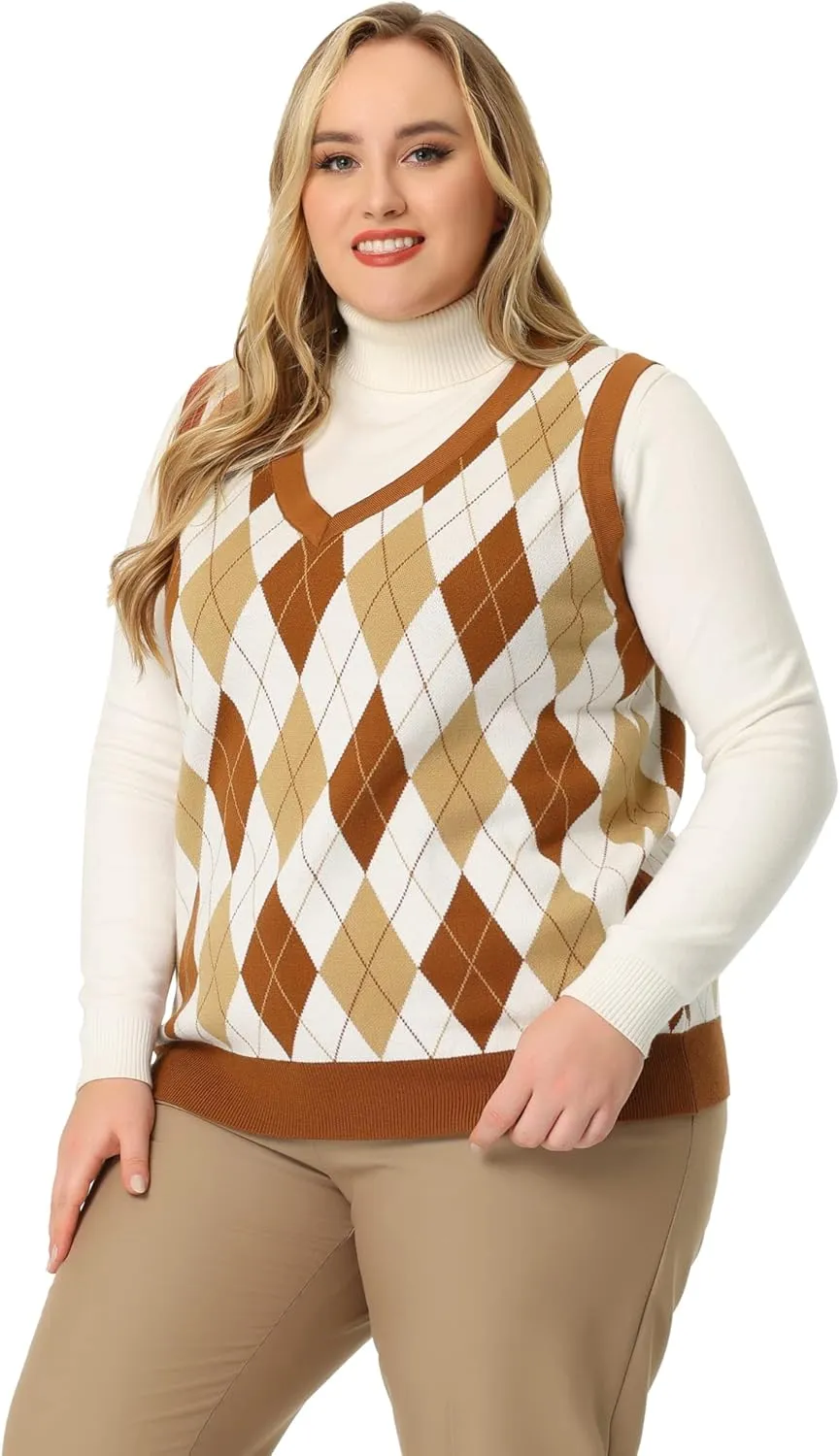 Agnes Orinda Plus Size Sweater Vest for Women Plaid Cable Knit Sleeveless Pullover Crop Top Sweater Vests