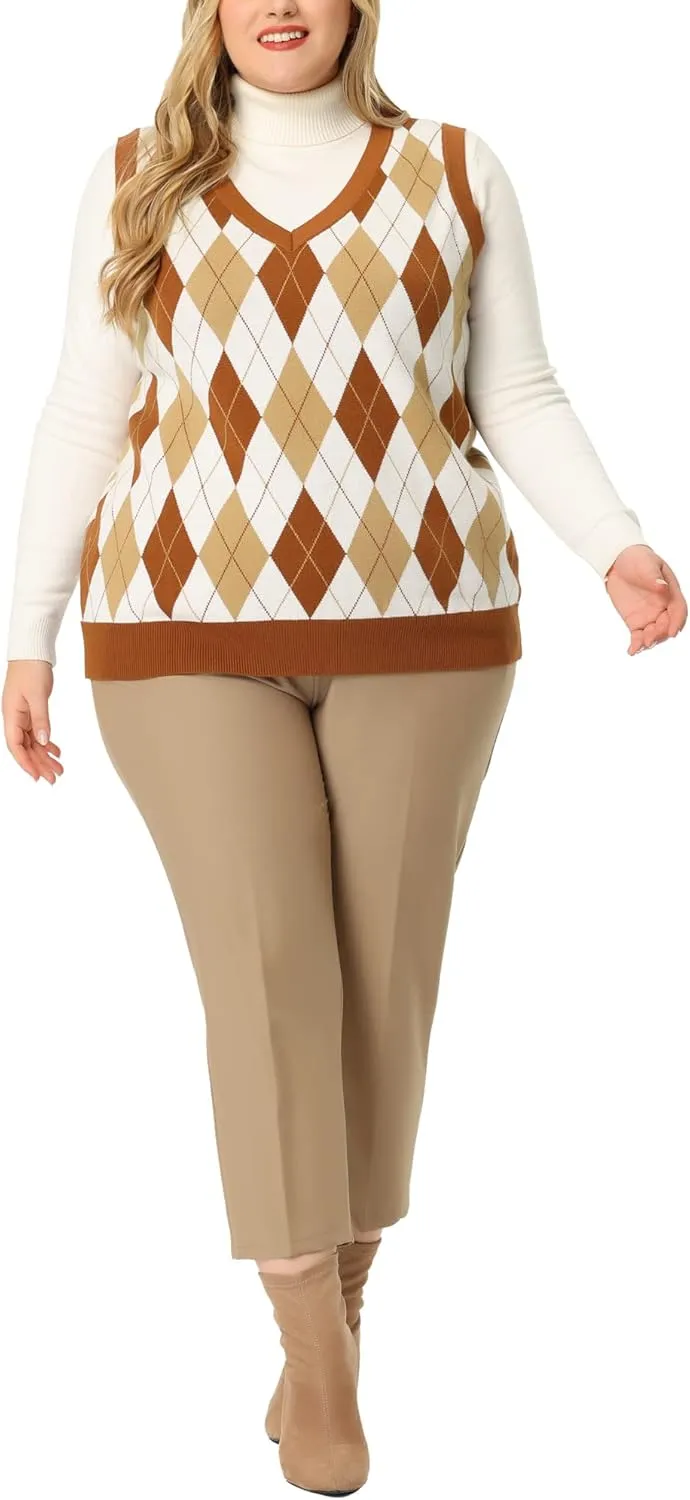 Agnes Orinda Plus Size Sweater Vest for Women Plaid Cable Knit Sleeveless Pullover Crop Top Sweater Vests