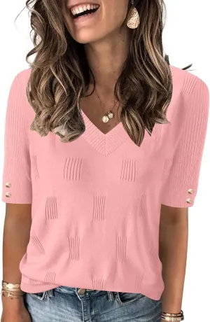 AKEWEI Womens Short Sleeve V Neck Sweater Lightweight Knit Spring Summer Top