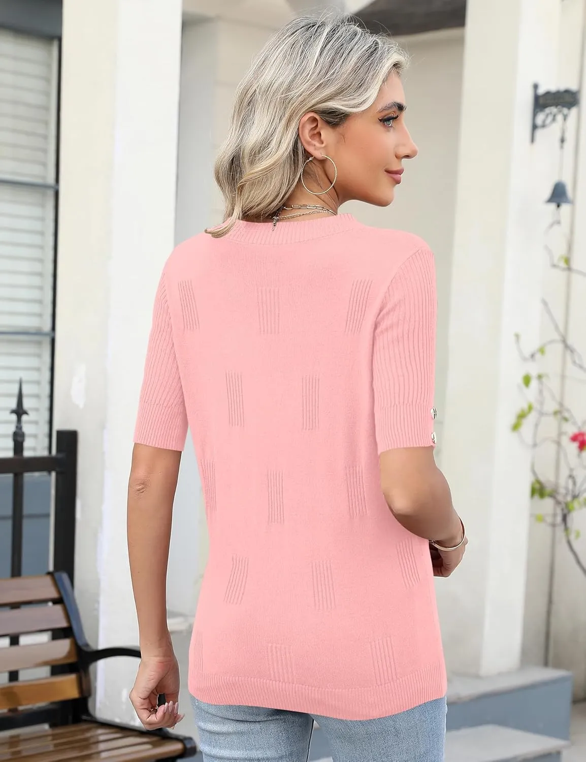 AKEWEI Womens Short Sleeve V Neck Sweater Lightweight Knit Spring Summer Top