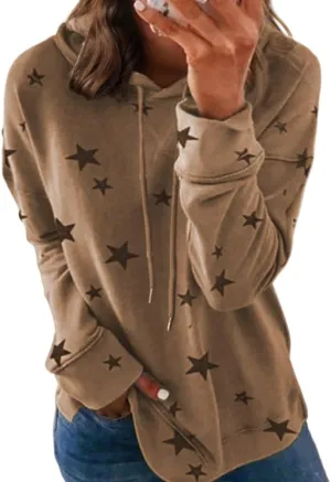 Akivide Women's Star Printed Oversized Long Sleeve Drawstring Hoodie 2024 Fall Fashion Vintage Lightweight Pullover Tops