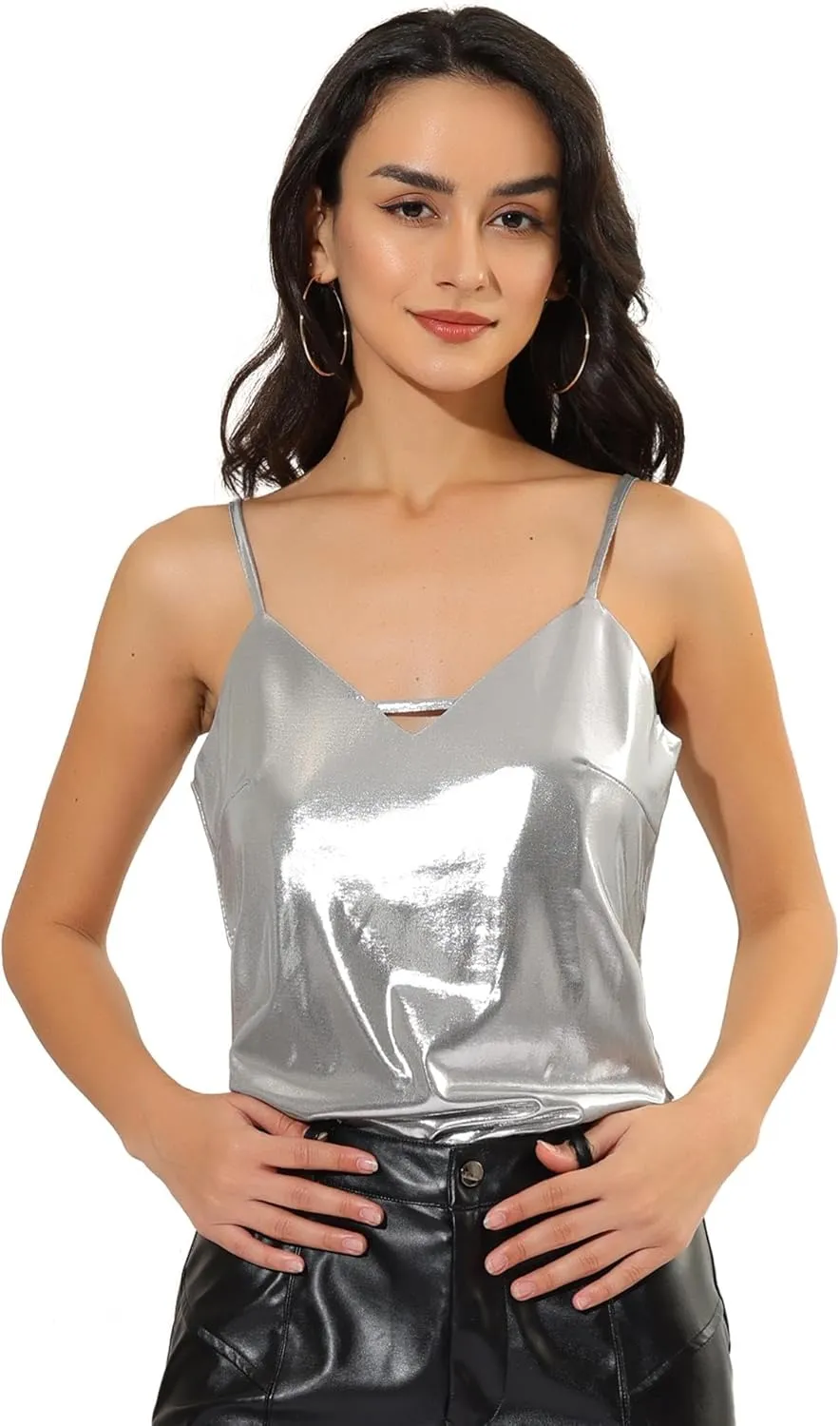Allegra K Women's Metallic Shiny Party Tank Top Deep V Camisole Tops