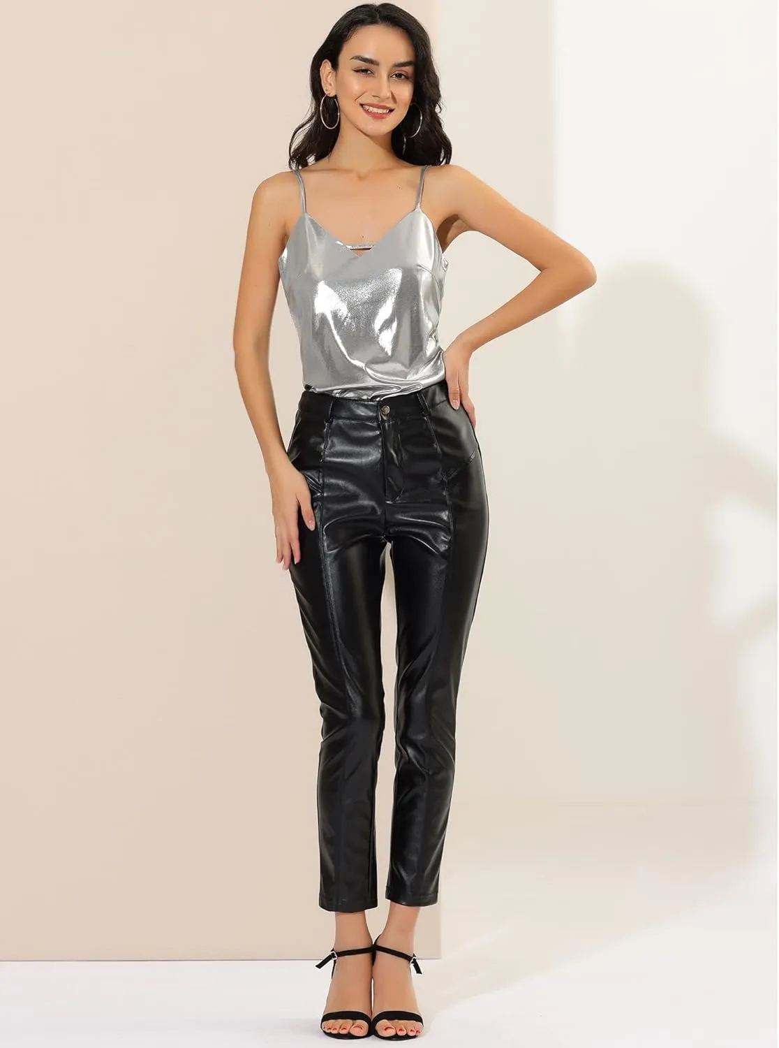 Allegra K Women's Metallic Shiny Party Tank Top Deep V Camisole Tops