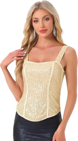 Allegra K Women's Sequin Tank Tops Sparkly Glitter Sleeveless Camisole Corset Top