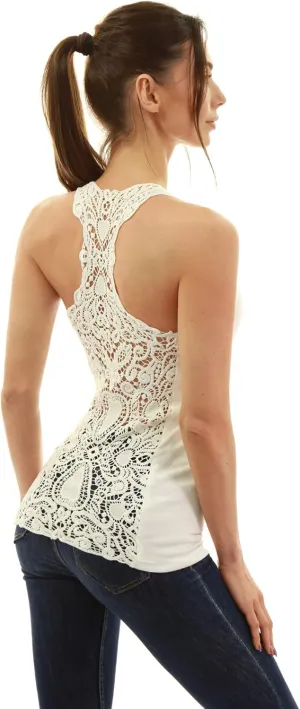 AmlieBoutik Women Scoop Neck Crochet Lace Eyelet Racerback Sleeveless Tank Top