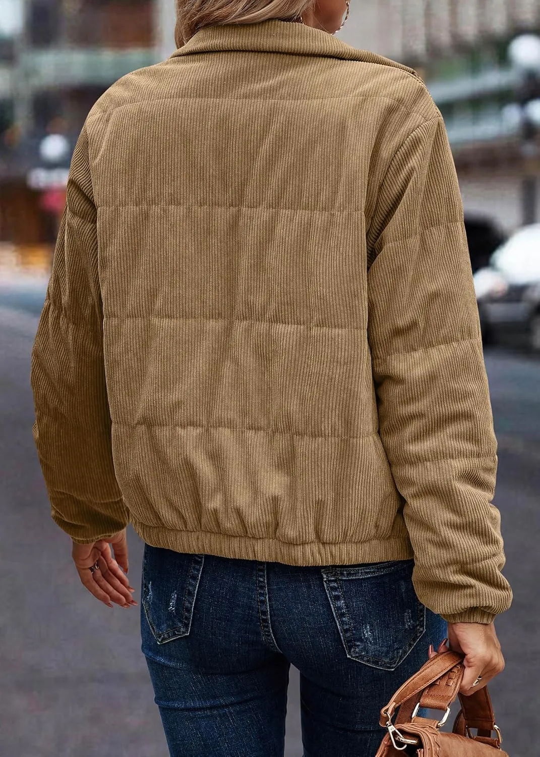 Angashion Women's Bomber Jacket Corduroy Ribbed Quilted Zip Up Long Sleeve Winter Coat Fall Outerwear Tops with Pockets