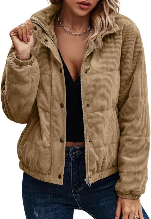Angashion Women's Bomber Jacket Corduroy Ribbed Quilted Zip Up Long Sleeve Winter Coat Fall Outerwear Tops with Pockets