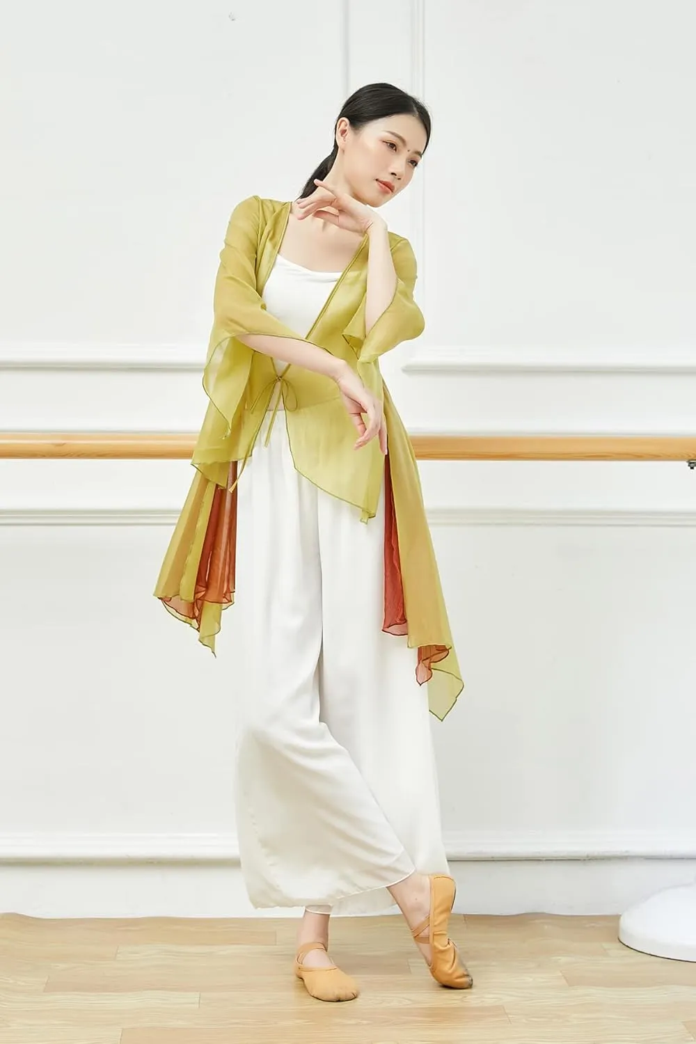 Angcoco Women's Chinese Traditional Slit Sleeves See-Through Chiffon Dance Cardigan Top