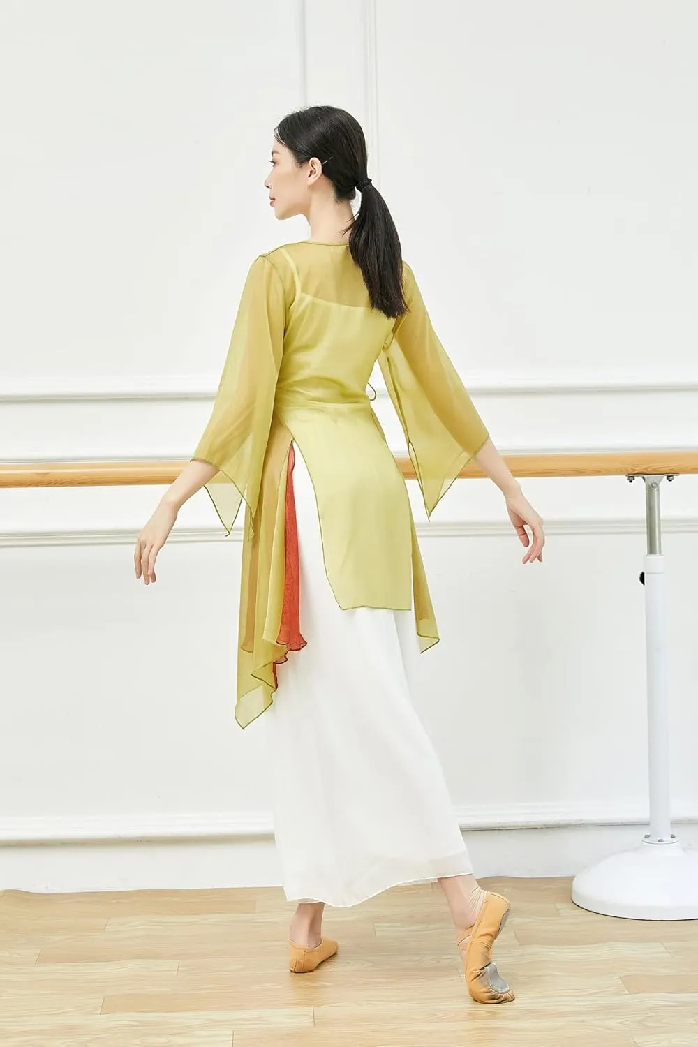 Angcoco Women's Chinese Traditional Slit Sleeves See-Through Chiffon Dance Cardigan Top