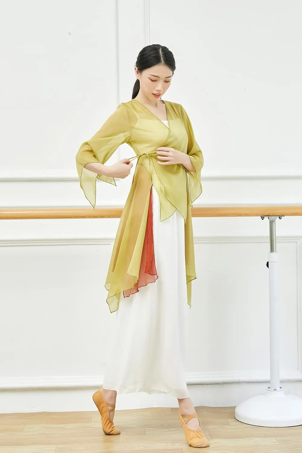 Angcoco Women's Chinese Traditional Slit Sleeves See-Through Chiffon Dance Cardigan Top