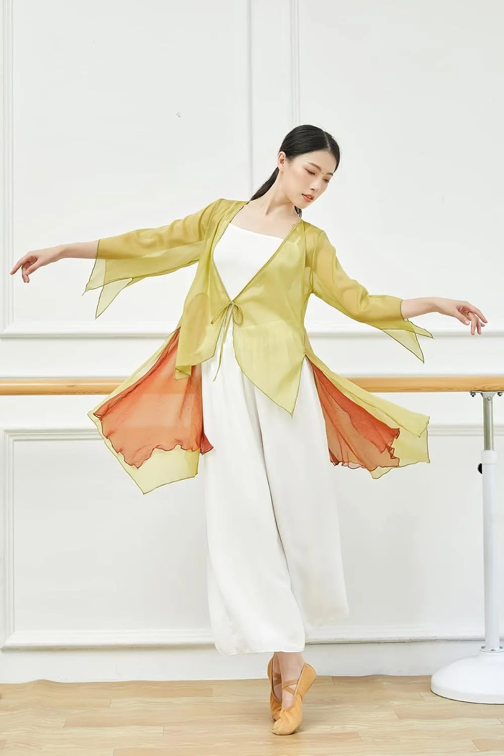 Angcoco Women's Chinese Traditional Slit Sleeves See-Through Chiffon Dance Cardigan Top