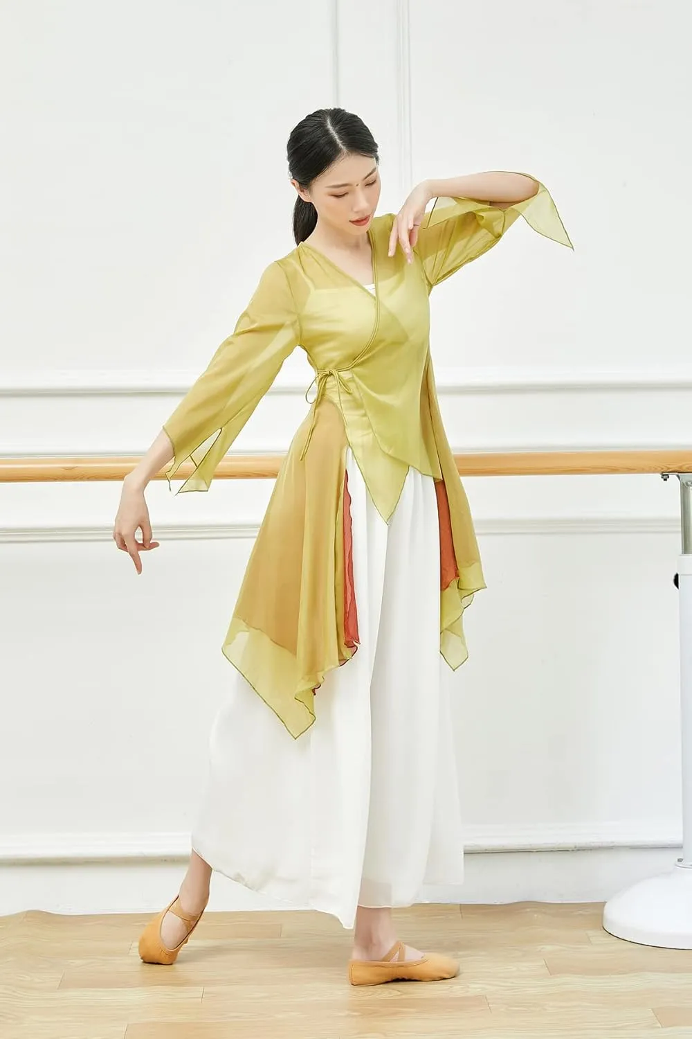 Angcoco Women's Chinese Traditional Slit Sleeves See-Through Chiffon Dance Cardigan Top