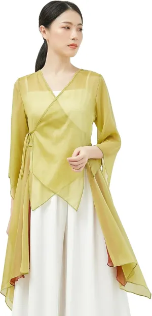 Angcoco Women's Chinese Traditional Slit Sleeves See-Through Chiffon Dance Cardigan Top