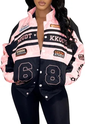 Angsuttc Varsity Jacket Women Motorcycle Detachable Letter Graphic Racer Jackets Vintage Color Block Baseball Street Coats