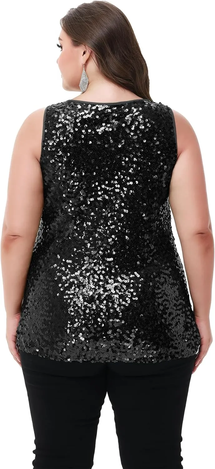 Anna-Kaci Womens Plus Size Sleeveless Sequin Tops Sparkle Shine Tank Top