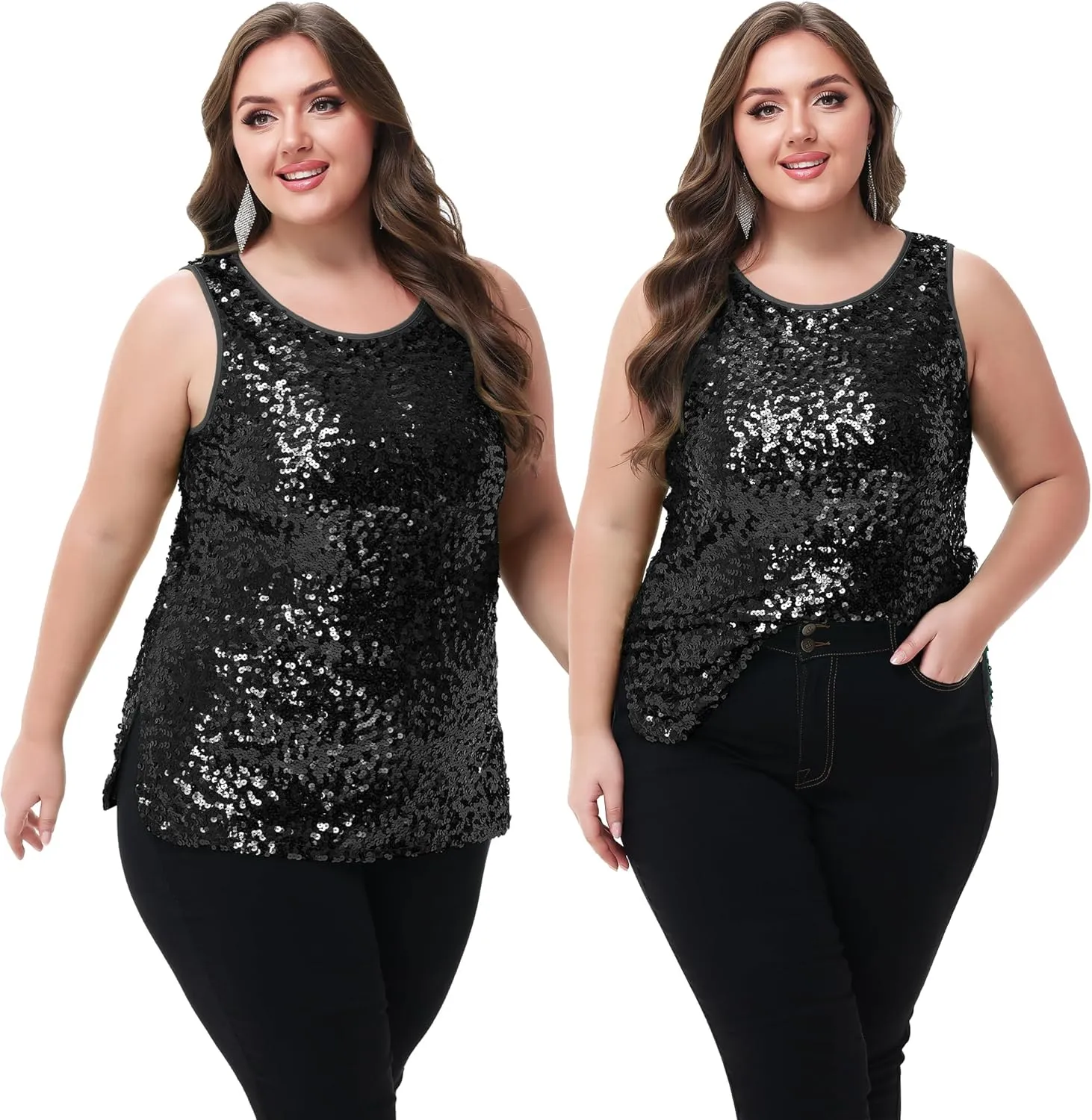 Anna-Kaci Womens Plus Size Sleeveless Sequin Tops Sparkle Shine Tank Top