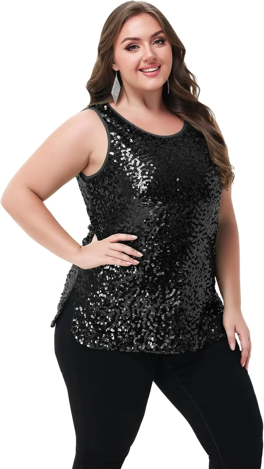 Anna-Kaci Womens Plus Size Sleeveless Sequin Tops Sparkle Shine Tank Top