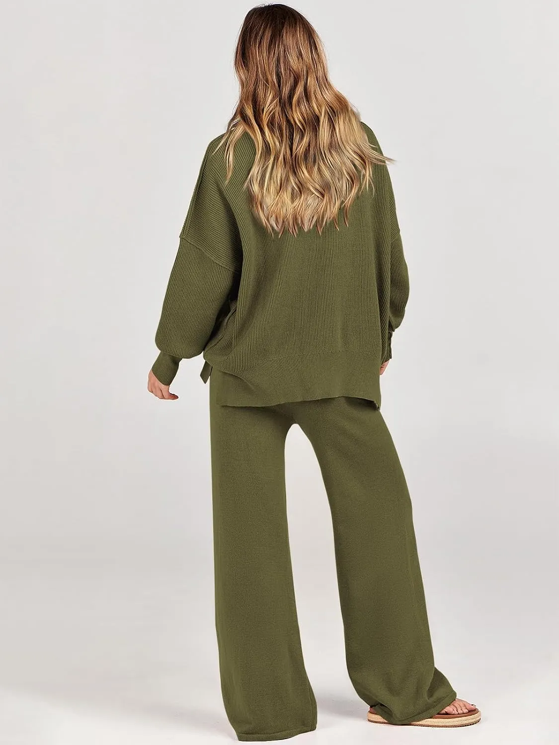 ANRABESS Women 2 Piece Outfits Oversized Chunky Knit Sweater Top Wide Leg Pants 2024 Fall Lounge Set Trendy Cozy Clothes