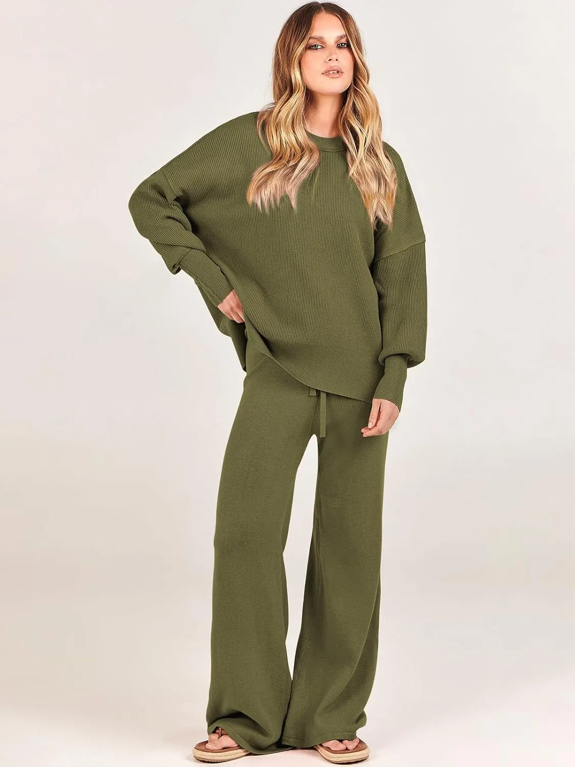 ANRABESS Women 2 Piece Outfits Oversized Chunky Knit Sweater Top Wide Leg Pants 2024 Fall Lounge Set Trendy Cozy Clothes