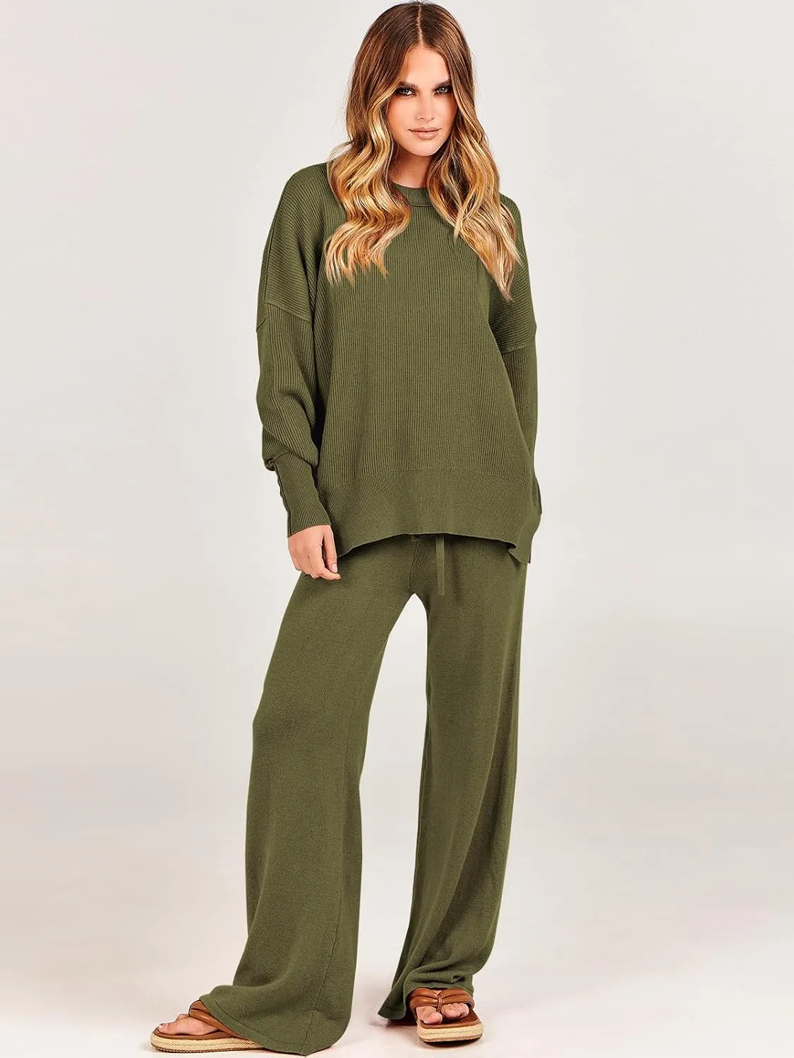 ANRABESS Women 2 Piece Outfits Oversized Chunky Knit Sweater Top Wide Leg Pants 2024 Fall Lounge Set Trendy Cozy Clothes