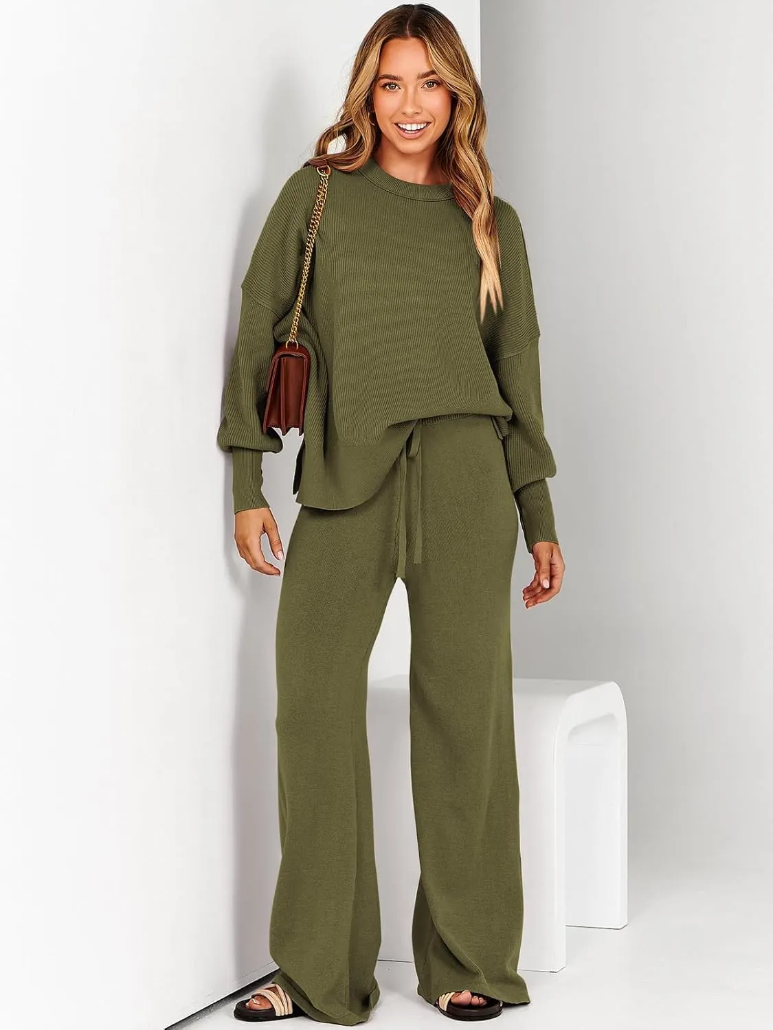 ANRABESS Women 2 Piece Outfits Oversized Chunky Knit Sweater Top Wide Leg Pants 2024 Fall Lounge Set Trendy Cozy Clothes