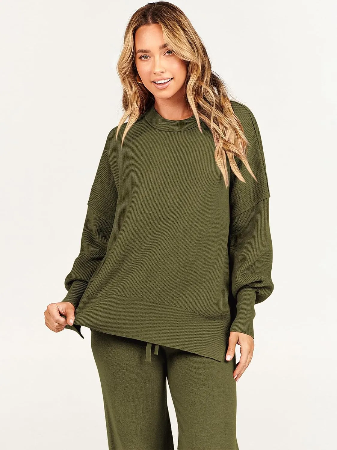 ANRABESS Women 2 Piece Outfits Oversized Chunky Knit Sweater Top Wide Leg Pants 2024 Fall Lounge Set Trendy Cozy Clothes